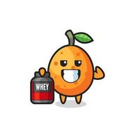 the muscular kumquat character is holding a protein supplement vector