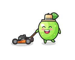 illustration of the green apple character using lawn mower vector