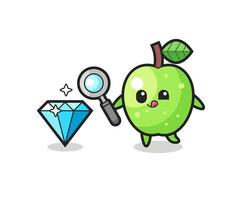 mascota de la manzana verde está comprobando la autenticidad de un diamante vector