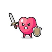 cute heart symbol soldier fighting with sword and shield vector