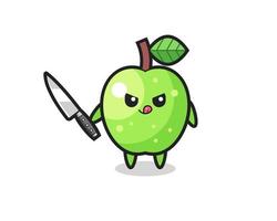 cute green apple mascot as a psychopath holding a knife vector