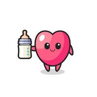 personaje de dibujos animados de símbolo de corazón de bebé con botella de leche vector