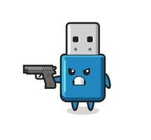 el lindo personaje de la unidad flash usb dispara con una pistola vector