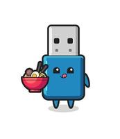 linda unidad flash usb personaje comiendo fideos vector