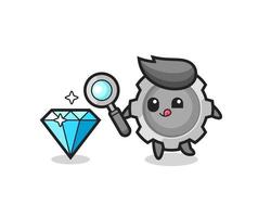 La mascota del engranaje está comprobando la autenticidad de un diamante. vector
