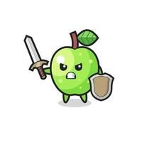 cute green apple soldier fighting with sword and shield vector