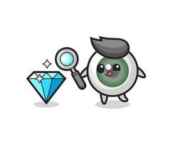 La mascota del globo ocular está comprobando la autenticidad de un diamante. vector