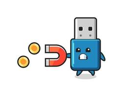 the character of flash drive usb hold a magnet to catch the gold coins vector