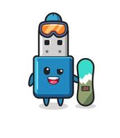 Illustration of flash drive usb character with snowboarding style vector
