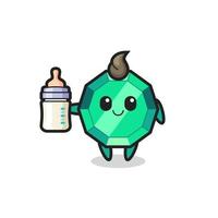 baby emerald gemstone cartoon character with milk bottle vector