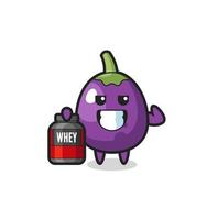 the muscular eggplant character is holding a protein supplement vector