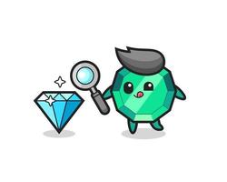 emerald gemstone mascot is checking the authenticity of a diamond vector