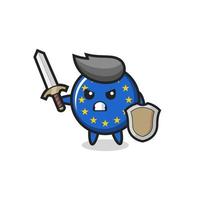 cute europe flag badge soldier fighting with sword and shield vector