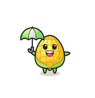 cute corn illustration holding an umbrella vector