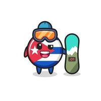 Ilustración del personaje de la insignia de la bandera de Cuba con estilo de snowboard vector