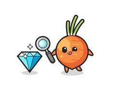 carrot mascot is checking the authenticity of a diamond vector