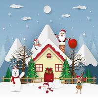 Santa Claus in chimney on the roof, Merry Christmas and Happy New Year vector