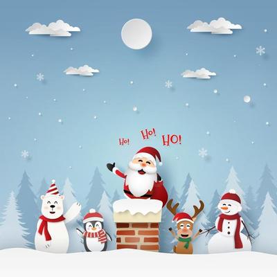 Santa Claus and friends on the roof with chimney, Merry Christmas