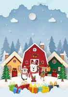 Bear and friends with Christmas gifts in the village, Merry Christmas vector