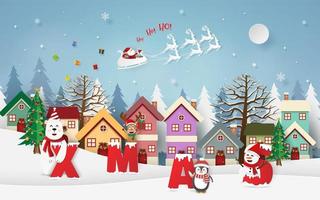 Santa Claus giving gifts in the village with XMAS party vector