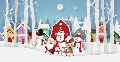 Santa Claus and friends in the village for Christmas party vector