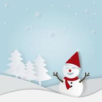 Snowman in pine forest with snowfall vector