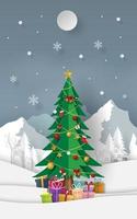 Paper art, Craft style of Christmas tree with gifts at snow mountain vector