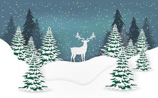 Arte en papel, estilo artesanal de renos en un bosque de pinos con nieve.