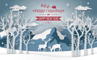 Reindeers in the snow valley with snow, Merry Christmas vector