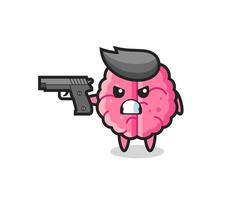 the cute brain character shoot with a gun vector