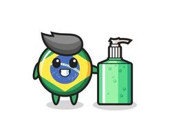 cute brazil flag badge cartoon with hand sanitizer vector