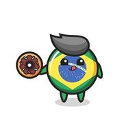 illustration of an brazil flag badge character eating a doughnut vector