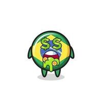 brazil flag badge character with an expression of crazy about money vector