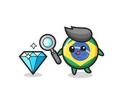 brazil flag badge mascot is checking the authenticity of a diamond vector