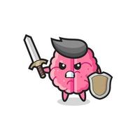 cute brain soldier fighting with sword and shield vector