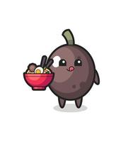 lindo personaje de aceituna negra comiendo fideos vector