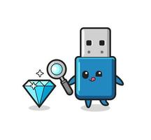 La mascota USB de la unidad flash está comprobando la autenticidad de un diamante. vector