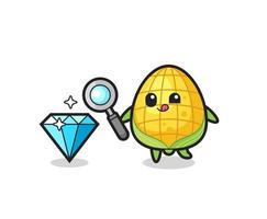 corn mascot is checking the authenticity of a diamond vector