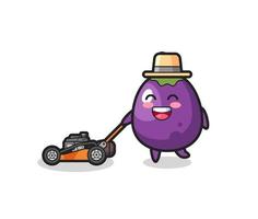 illustration of the eggplant character using lawn mower vector