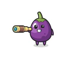 cute eggplant character is holding an old telescope vector