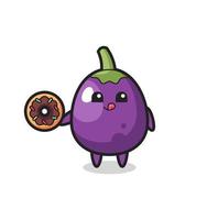 illustration of an eggplant character eating a doughnut vector