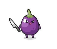 cute eggplant mascot as a psychopath holding a knife vector