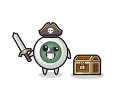 the eyeball pirate character holding sword beside a treasure box vector