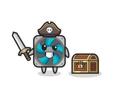 El personaje pirata fan de la computadora sosteniendo la espada al lado de un cofre del tesoro vector