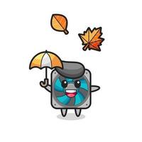 cartoon of the cute computer fan holding an umbrella in autumn vector