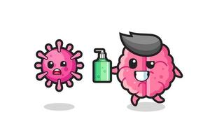 illustration of brain character chasing evil virus with hand sanitizer vector