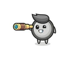 cute button cell character is holding an old telescope vector