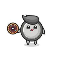 illustration of an button cell character eating a doughnut vector