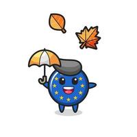 cartoon of the cute europe flag badge holding an umbrella in autumn vector