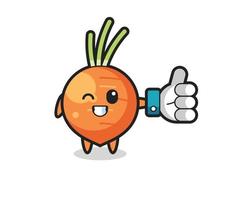 cute carrot with social media thumbs up symbol vector